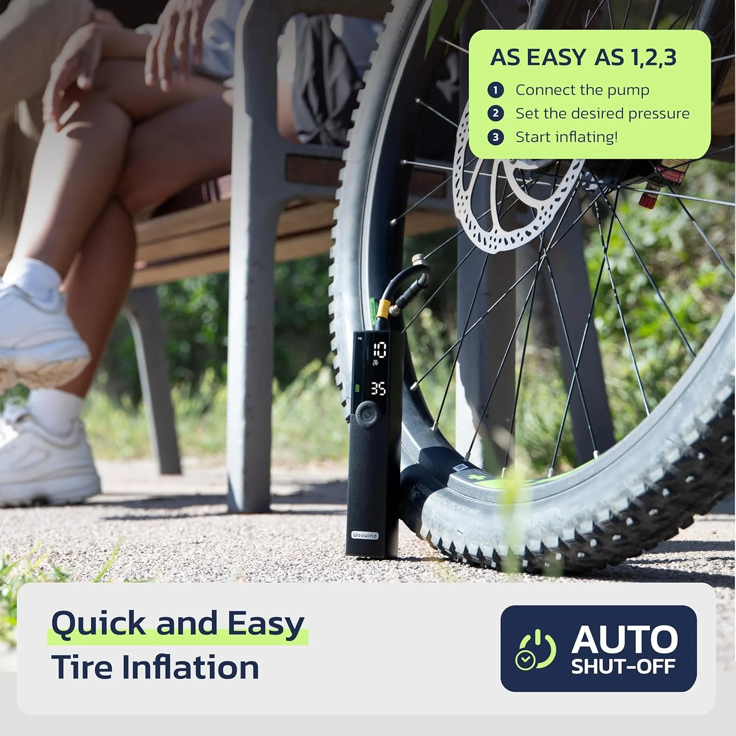 پمپ برقی دوچرخه Woowind BP188 با والف پرستا و شرادر، پمپ باد و تایر برای دوچرخه، موتورسیکلت، خاموشی خودکار 120~150PSI و قابل شارژ