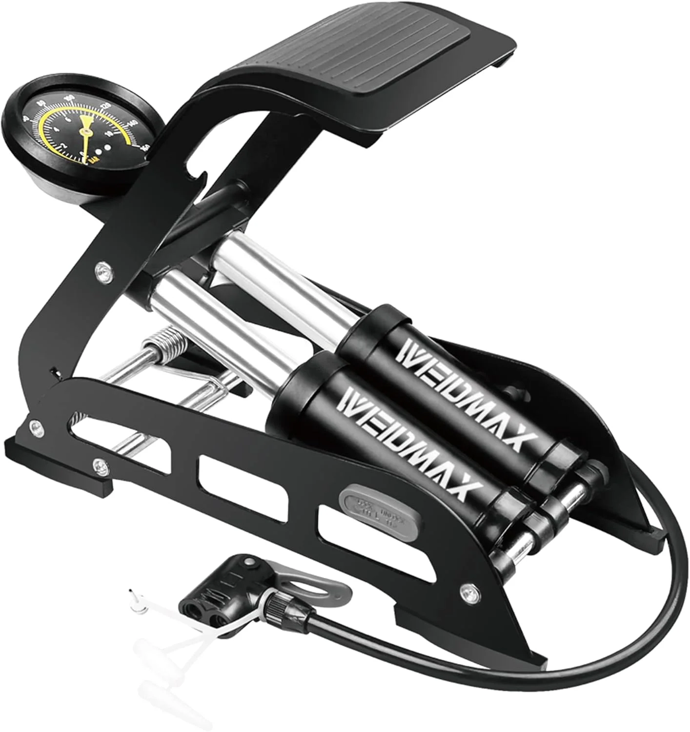 پمپ پایی دو سیلندر WEIDMAX، پمپ دوچرخه پایی دو سیلندر، پمپ ایستاده دوچرخه، پمپ دوچرخه قابل حمل، پمپ باد لاستیک دوچرخه، پمپ زمینی دوچرخه، پمپ هوا با فشارسنج و سر شیر هوشمند