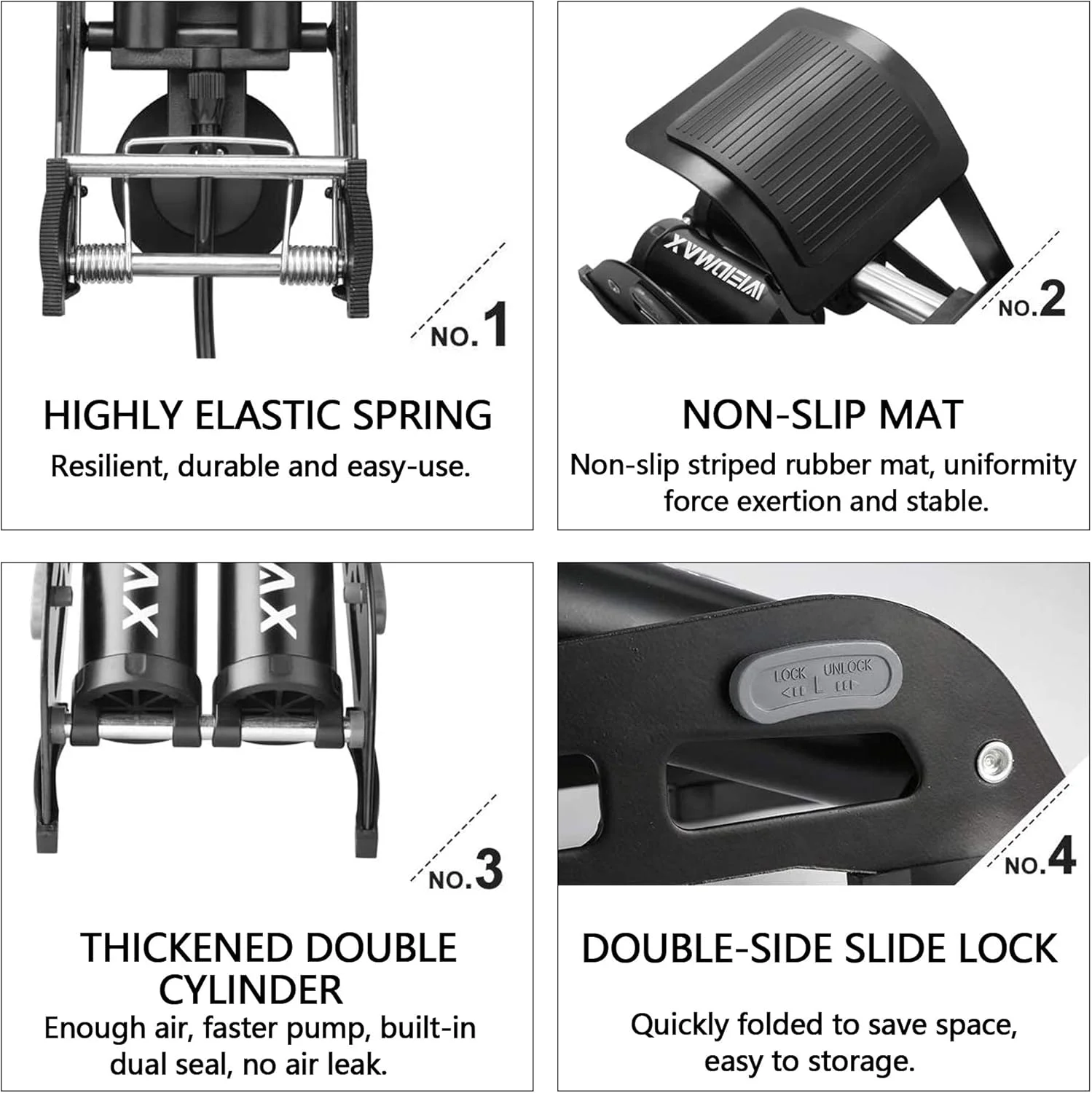پمپ پایی دو سیلندر WEIDMAX، پمپ دوچرخه پایی دو سیلندر، پمپ ایستاده دوچرخه، پمپ دوچرخه قابل حمل، پمپ باد لاستیک دوچرخه، پمپ زمینی دوچرخه، پمپ هوا با فشارسنج و سر شیر هوشمند