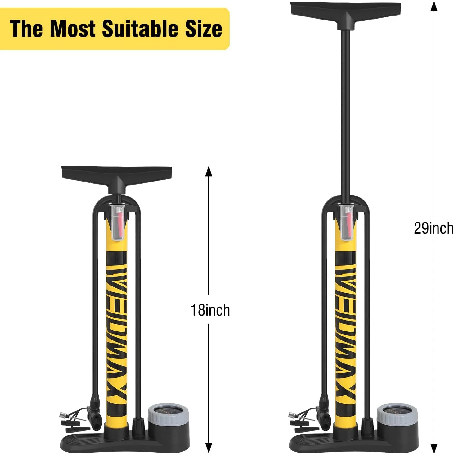 پمپ باد دوچرخه با فشارسنج، پمپ باد دوچرخه مناسب برای همه دریچه‌ها، پمپ ایستاده قابل حمل برای لاستیک با دریچه پرستا و شرادر، پمپ باد ایستاده برای دوچرخه کورسی، دوچرخه کوهستان، توپ‌های ورزشی و غیره.