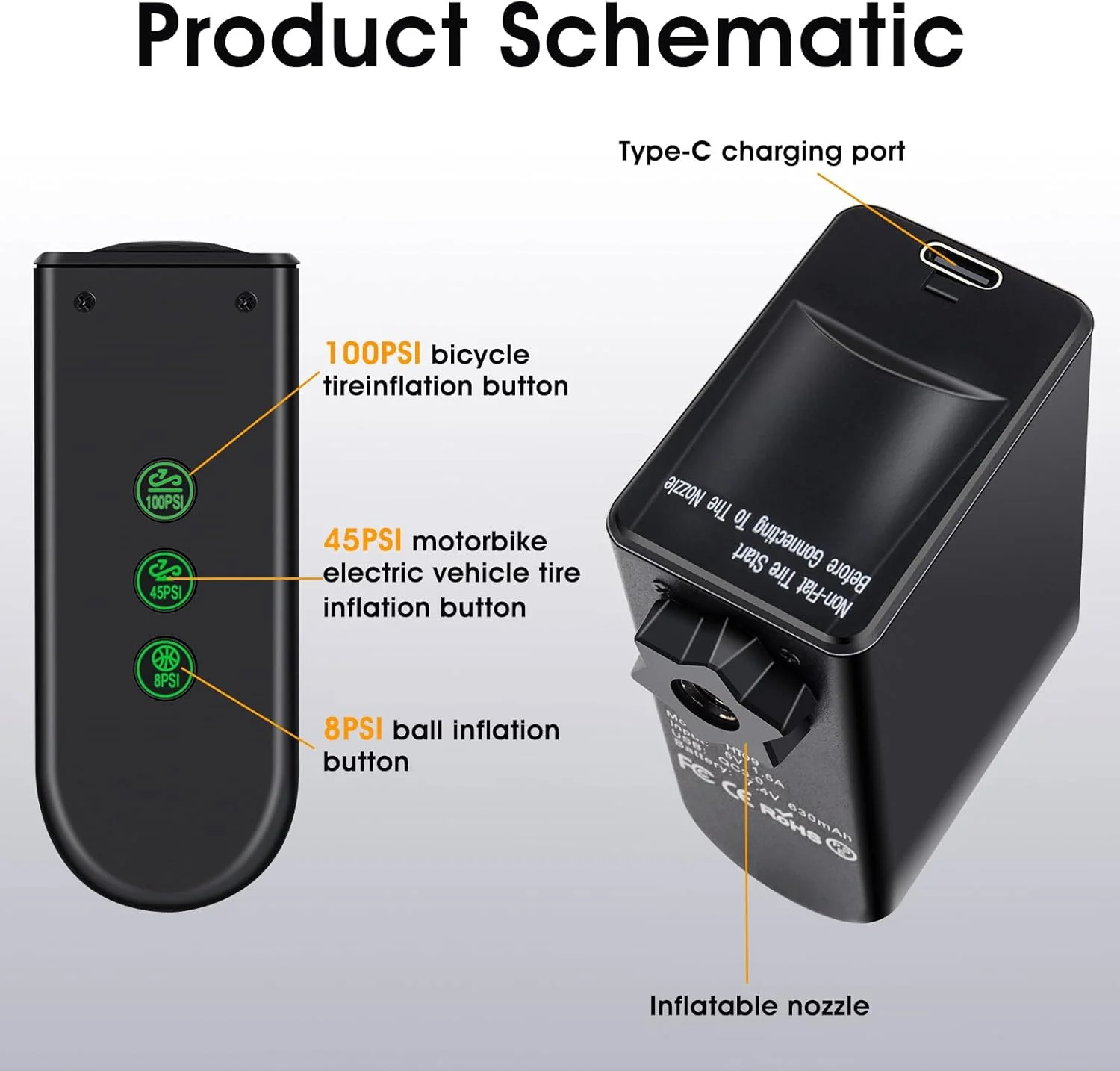 پمپ باد مینی قابل حمل دوچرخه، پمپ هوا با باتری 1260mAh، مناسب برای خودروهای برقی، موتورسیکلت ها، دوچرخه ها و توپ ها...