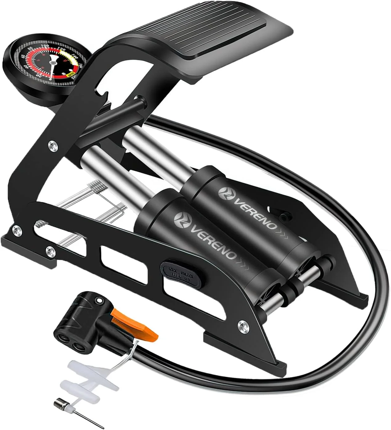 پمپ باد پدالی دو سیلندر ورنو، پمپ بادی قابل حمل با فشارسنج دقیق 160PSI، مناسب برای والف های پرستا، شرادر و آلمان برای دوچرخه، توپ، اسکوتر، ماشین، اسباب بازی های بادی