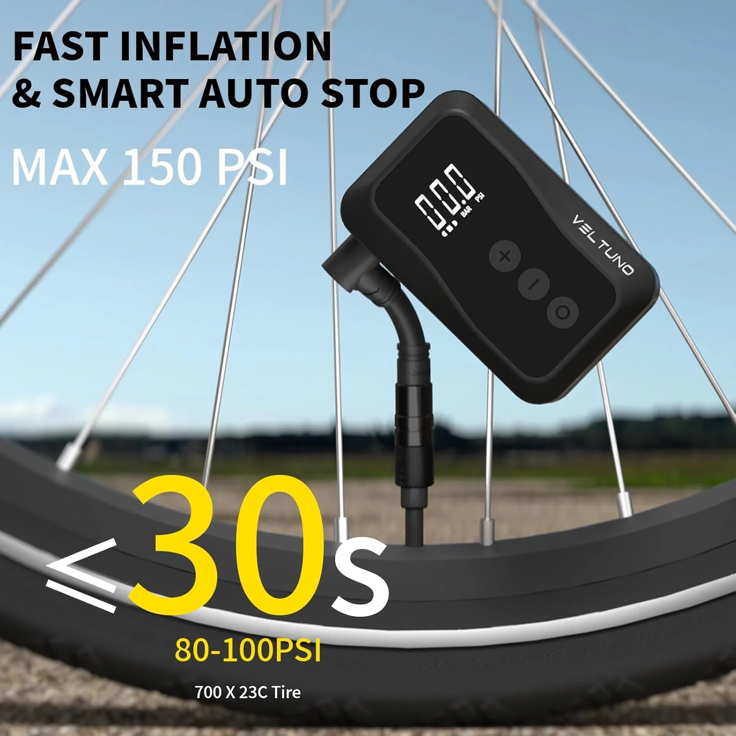 پمپ باد برقی کوچک دوچرخه، حداکثر 150 PSI با نمایشگر دیجیتال فشار، توقف خودکار هوشمند، قابل شارژ با USB-C، دریچه پرستا و شرادر برای دوچرخه کورسی، MTB، دوچرخه برقی، موتورسیکلت، توپ