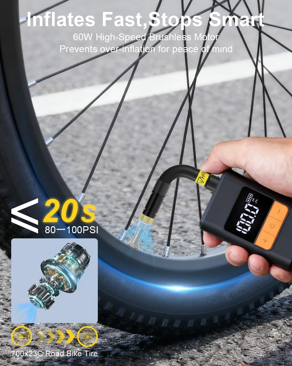 پمپ باد برقی کوچک، پمپ دوچرخه قابل حمل 150PSI با گیج، پمپ هوای برقی با قابلیت باد کردن سریع 20 ثانیه ای با والف های پرستا و شرادر برای دوچرخه های جاده ای، کوهستانی، موتور سیکلت، توپ پمپ باد برقی کوچک، پمپ دوچرخه قابل حمل 150PSI با گیج، پمپ هوای برقی با قابلیت باد کردن سریع 20 ثانیه ای با والف های پرستا و شرادر برای دوچرخه های جاده ای، کوهستانی، موتور سیکلت، توپ