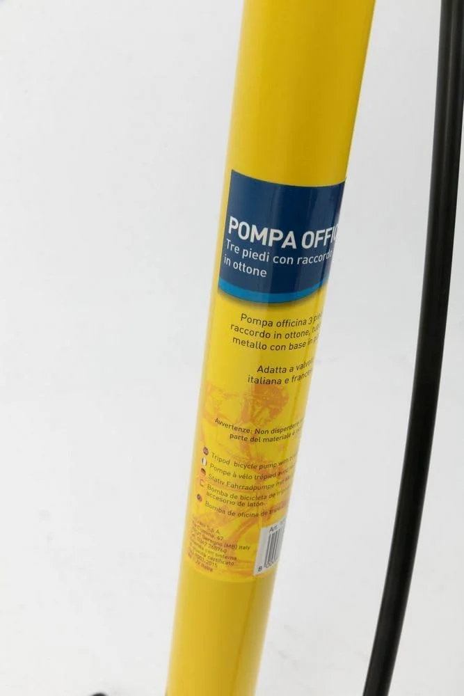 تلمبه کارگاهی دوچرخه فلزی زرد رنگ، اتصالات برنجی، دسته T شکل ارگونومیک، دریچه های باد سریع ایتالیایی فرانسوی با سه پایه
