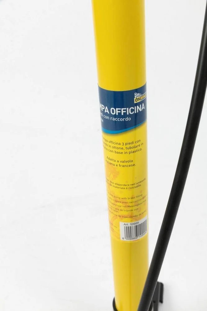 تلمبه کارگاهی دوچرخه فلزی زرد رنگ، اتصالات برنجی، دسته T شکل ارگونومیک، دریچه های باد سریع ایتالیایی فرانسوی با سه پایه