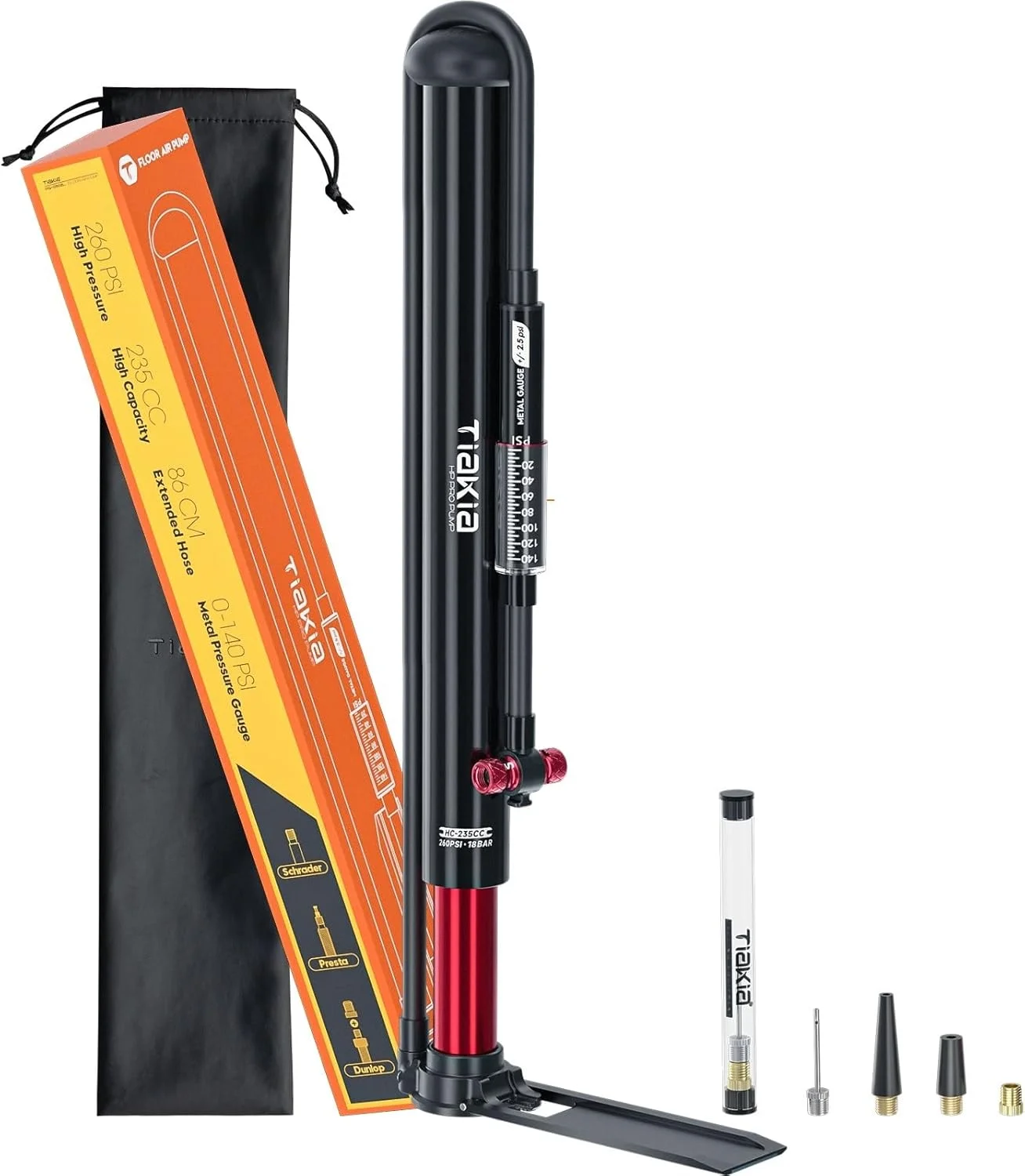 تلمبه پایی دوچرخه تیاکیا با گیج فشار ۲۶۰psi، تلمبه دوچرخه قابل حمل با فشار بالا، تلمبه آلومینیومی با حجم زیاد، تلمبه هوای کوچک دوچرخه مناسب برای شیرهای شرادر و پرستا، تلمبه دستی برای دوچرخه های جاده و کوهستان