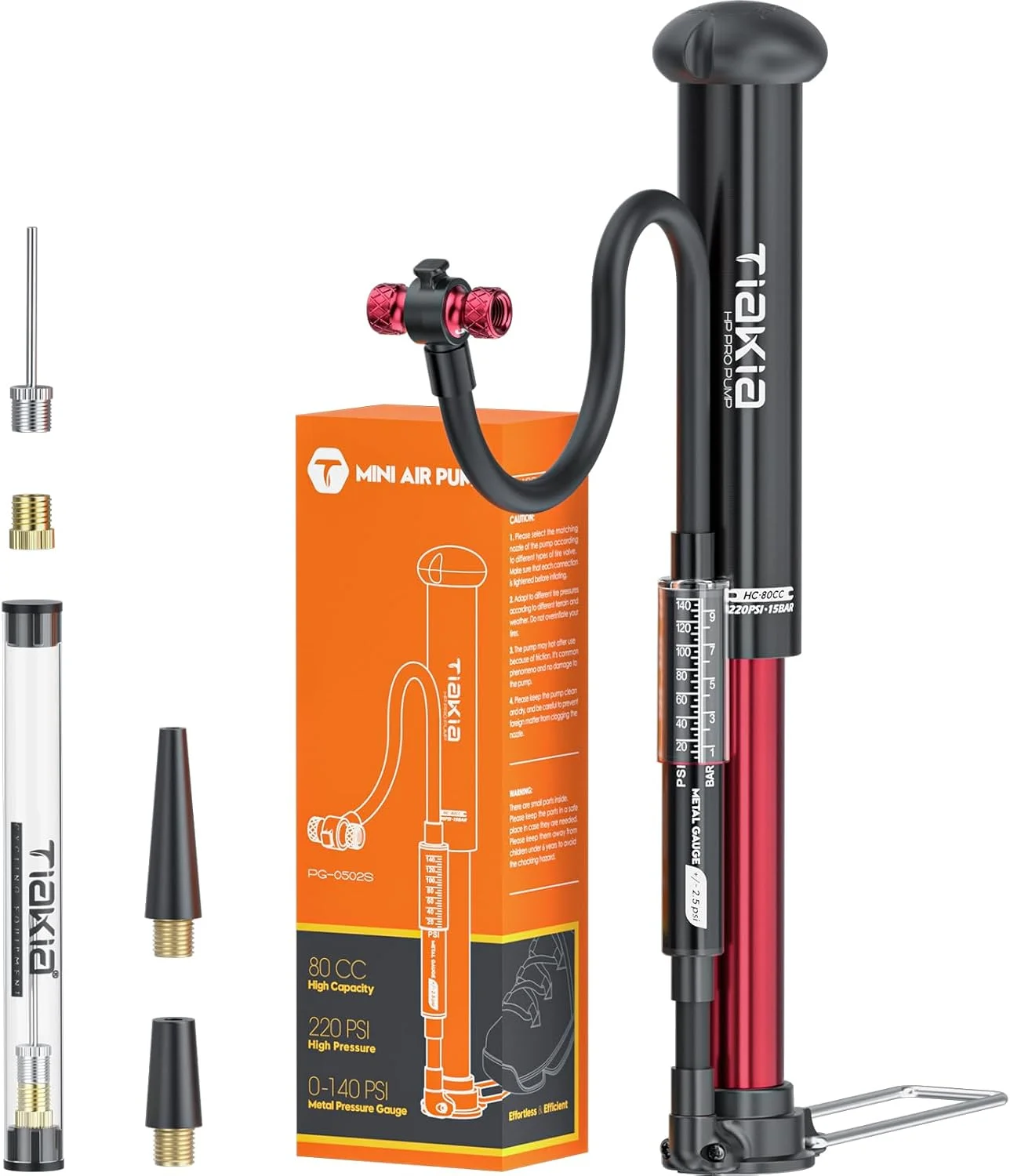 تلمبه باد دوچرخه تیاکیا مدل 2024، تلمبه زمینی، سازگار با والف پرستا/آمریکایی/انگلیسی، قابل حمل، جمع و جور، شامل فشارسنج، مناسب دوچرخه های کورسی و کوهستان، شفاف، کوچک، 220 PSI/15 بار، کارکرد آسان