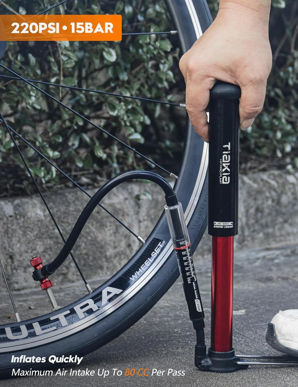 تلمبه باد دوچرخه تیاکیا مدل 2024، تلمبه زمینی، سازگار با والف پرستا/آمریکایی/انگلیسی، قابل حمل، جمع و جور، شامل فشارسنج، مناسب دوچرخه های کورسی و کوهستان، شفاف، کوچک، 220 PSI/15 بار، کارکرد آسان