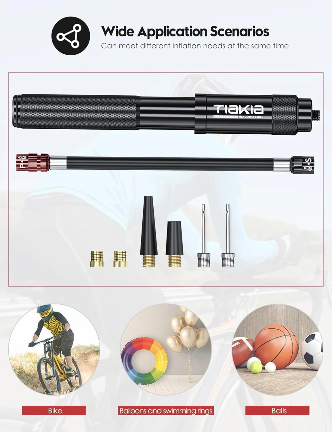 تلمبه دوچرخه تیاکیا مینی 260PSI فشار قوی، کوچک برای والف های پرستا، شرادر و دانلوپ، تلمبه دستی قابل حمل و سبک برای دوچرخه کوهستان، کورسی و برقی به همراه پایه نصب