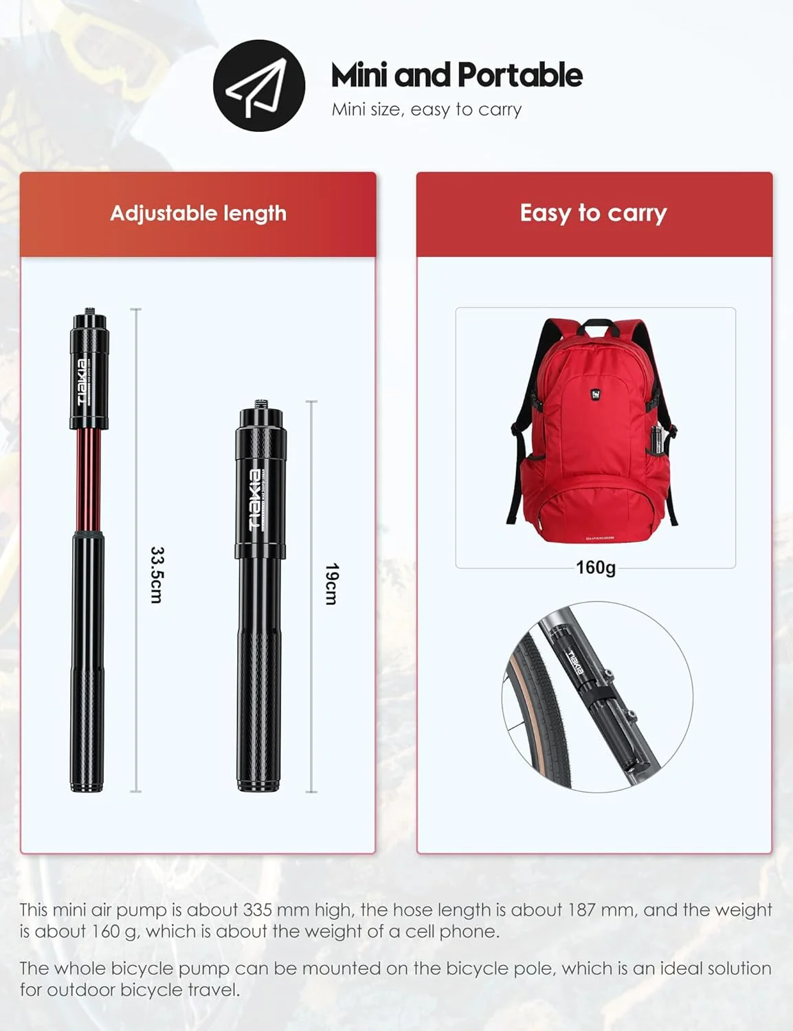 تلمبه دوچرخه تیاکیا مینی 260PSI فشار قوی، کوچک برای والف های پرستا، شرادر و دانلوپ، تلمبه دستی قابل حمل و سبک برای دوچرخه کوهستان، کورسی و برقی به همراه پایه نصب