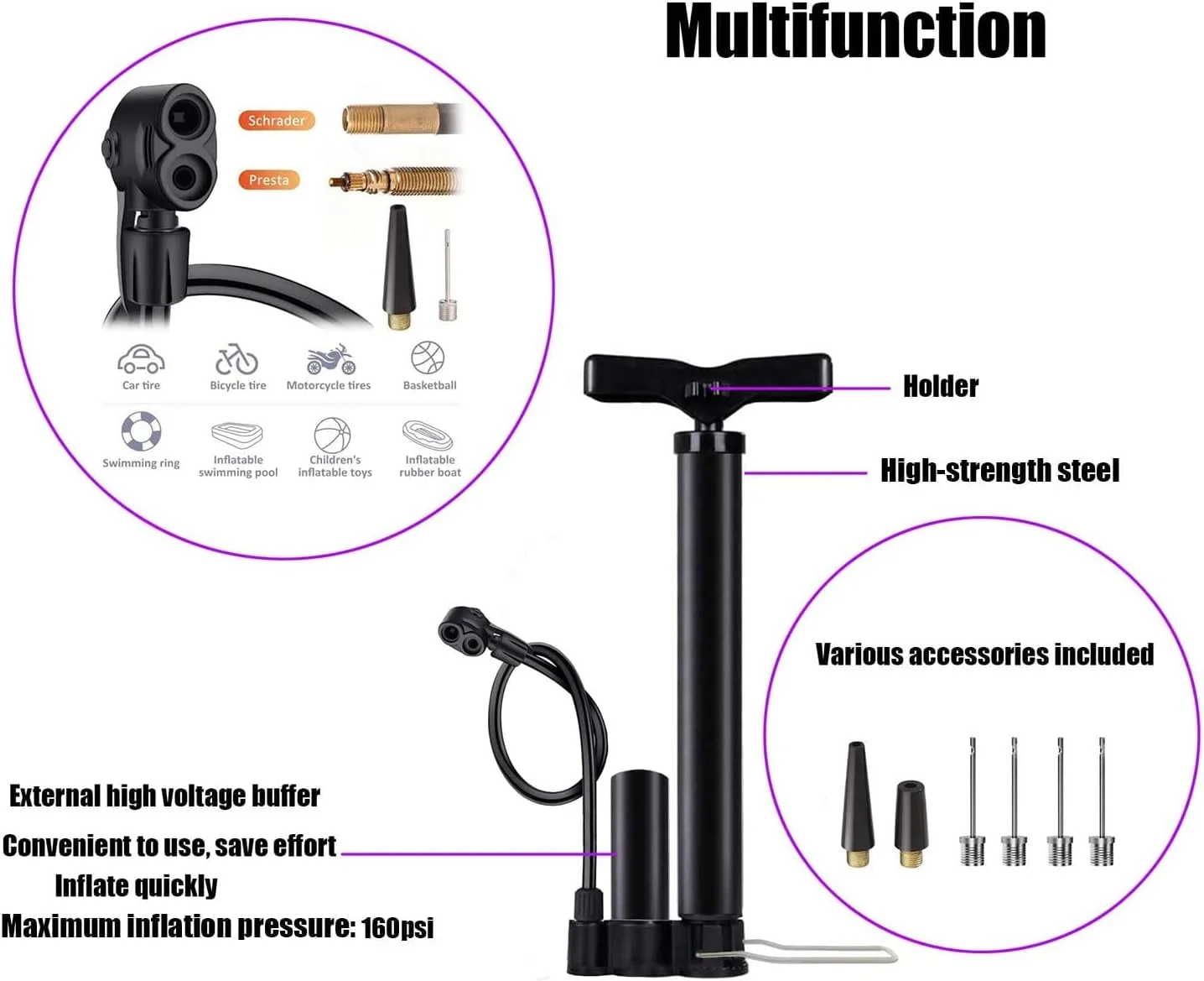 تلمبه پایی دوچرخه فشار قوی، تلمبه دوچرخه، تلمبه ایستاده 160PSI با والف های پرستا و شرادر، تلمبه باد دوچرخه با سوزن تلمبه توپ برای دوچرخه و بسکتبال تلمبه پایی دوچرخه فشار قوی، تلمبه دوچرخه، تلمبه ایستاده 160PSI با والف های پرستا و شرادر، تلمبه باد دوچرخه با سوزن تلمبه توپ برای دوچرخه و بسکتبال