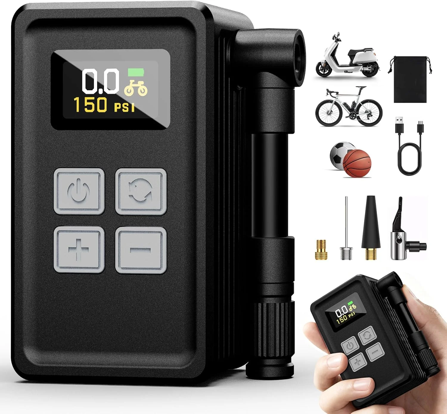 پمپ باد کوچک دوچرخه 150PSI با درجه، پمپ باد برقی سریع، تلمبه تایر قابل حمل برای والف پرستا و شرادر - دوچرخه برقی، دوچرخه کوهستان، دوچرخه جاده، موتورسیکلت، توپ ورزشی