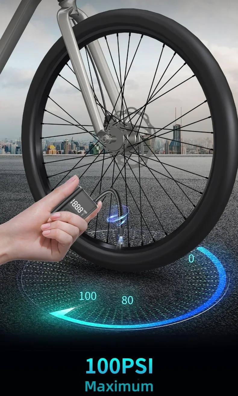 پمپ باد کوچک دوچرخه با گیج 100PSI، پمپ هوای برقی قابل حمل دوچرخه، توقف خودکار، قابل شارژ با Type-C، دارای والف های پرستا و شرادر پمپ باد کوچک دوچرخه با گیج 100PSI، پمپ هوای برقی قابل حمل دوچرخه، توقف خودکار، قابل شارژ با Type-C، دارای والف های پرستا و شرادر