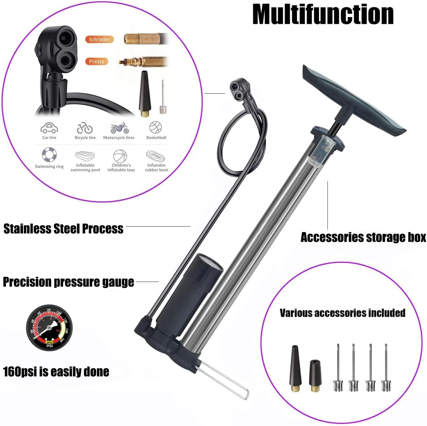 تلمبه دوچرخه قابل حمل TERRIFI، تلمبه توپ، تلمبه زمینی دوچرخه با فشار بالا، استفاده آسان با هر دو دریچه تلمبه دوچرخه Presta و Schrader - حداکثر 160Psi