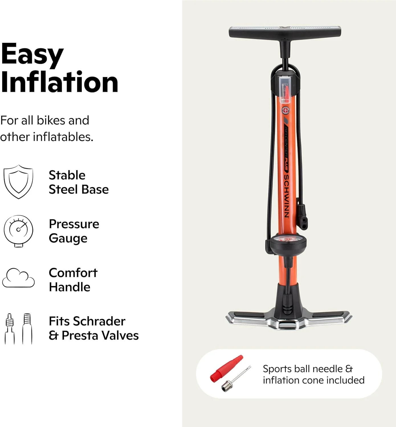 تلمبه پایی دوچرخه Schwinn Air Center، مناسب برای والف های Schrader و Presta، تلمبه هوای قابل حمل، لوازم جانبی دوچرخه