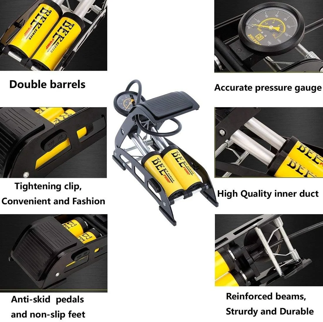 پمپ پدالی دو قلو آلومینیومی RONTENO فشار قوی 160PSI مناسب برای دوچرخه، ماشین، فوتبال و غیره - 1 عدد (رنگ زرد)