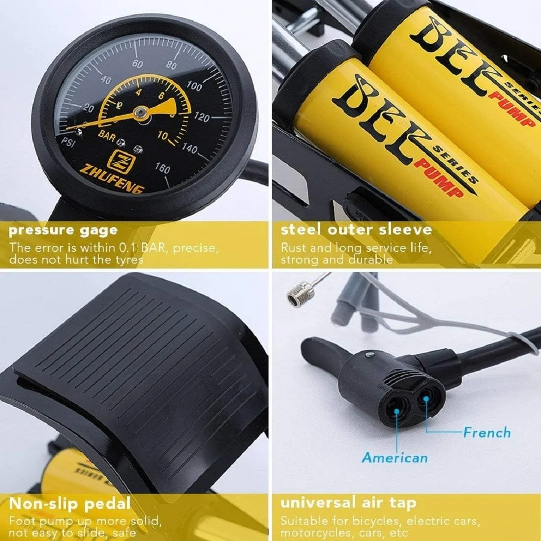 پمپ پدالی دو قلو آلومینیومی RONTENO فشار قوی 160PSI مناسب برای دوچرخه، ماشین، فوتبال و غیره - 1 عدد (رنگ زرد)