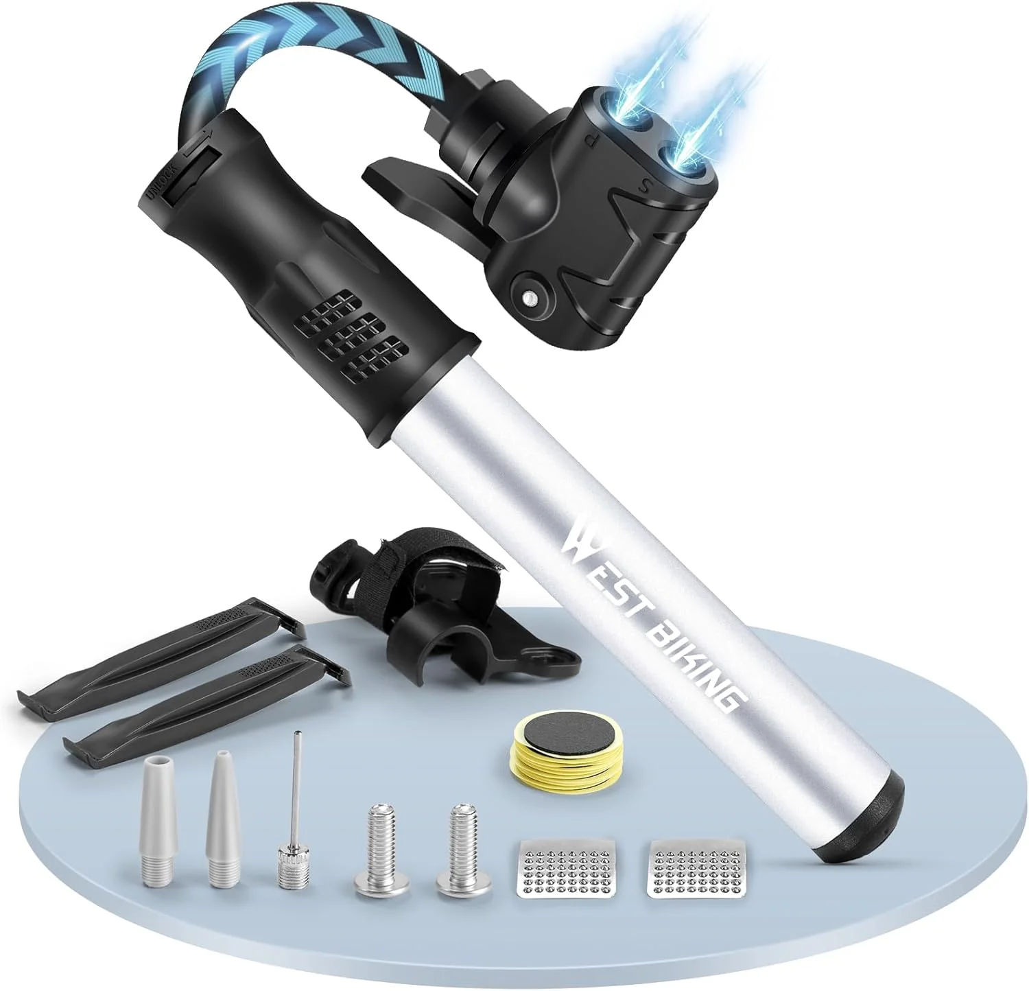 تلمبه مینی دوچرخه با والف پرستا و شرادر، تلمبه دستی مینی، تلمبه قابل حمل با کیت تعمیر، تلمبه سریع باد کننده تایر برای دوچرخه های جاده و کوهستان، توپ و غیره