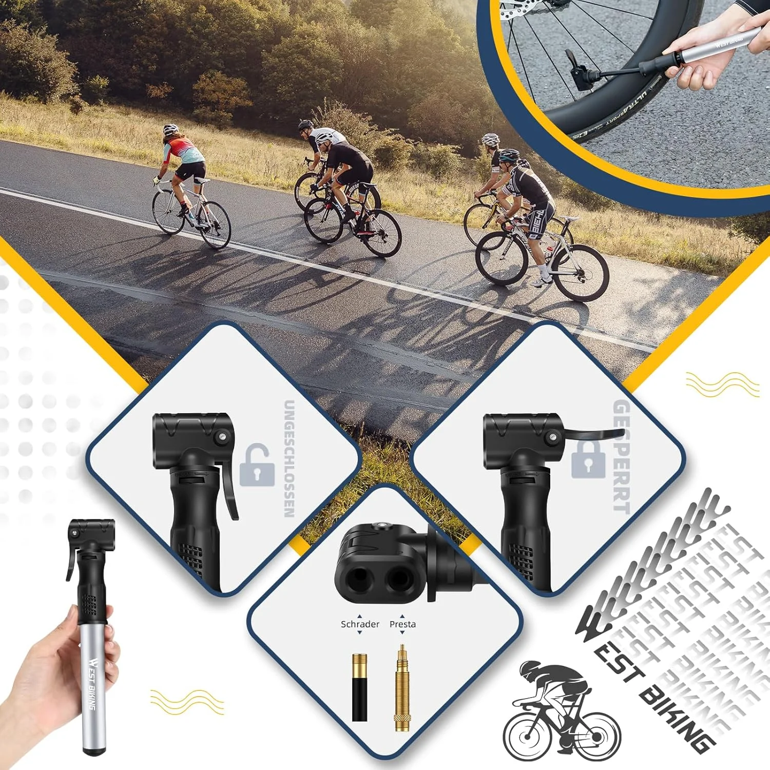 تلمبه مینی دوچرخه با والف پرستا و شرادر، تلمبه دستی مینی، تلمبه قابل حمل با کیت تعمیر، تلمبه سریع باد کننده تایر برای دوچرخه های جاده و کوهستان، توپ و غیره تلمبه مینی دوچرخه با والف پرستا و شرادر، تلمبه دستی مینی، تلمبه قابل حمل با کیت تعمیر، تلمبه سریع باد کننده تایر برای دوچرخه های جاده و کوهستان، توپ و غیره