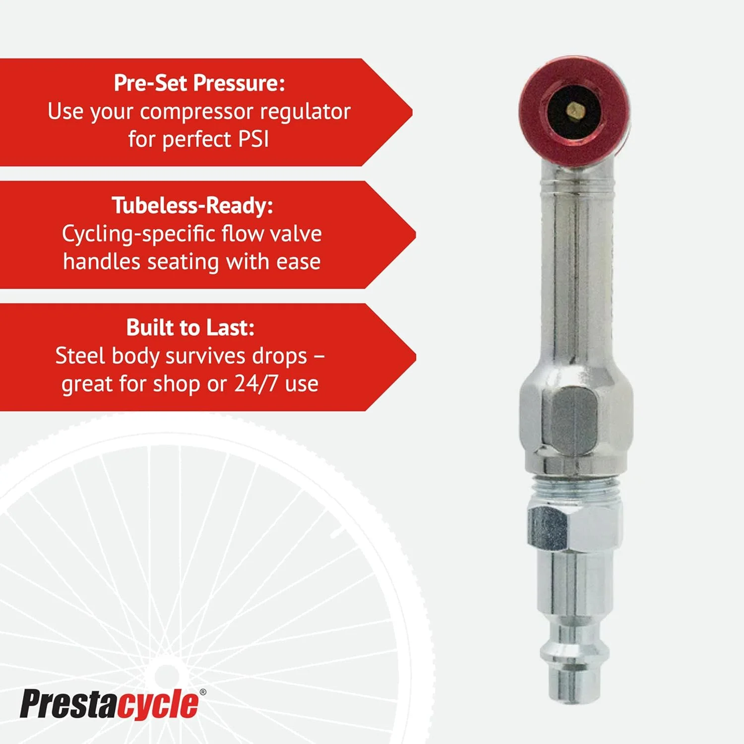 ابزار باد کردن تایر دوچرخه پرستاسایکل مدل Prestaflator Mini Pro، سری بادکننده تایر دوچرخه، ابزار فشاری برای باد کردن والف پرستا/شردر برای خطوط کمپرسور هوا، ابزار و نگهداری دوچرخه، ابزار باد کردن Mini Pro