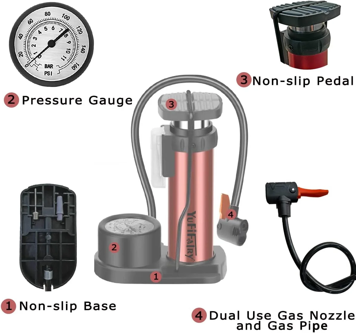 تلمبه پایی دوچرخه با فشارسنج 120PSI، تلمبه باد کوچک دوچرخه آلیاژ آلومینیوم، تلمبه لاستیک دوچرخه با والف های پرستا و شرادر برای دوچرخه های جاده ای، کوهستانی، توپ ها و اسباب بازی های بادی