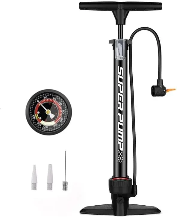 پمپ عمودی مشکی دستی با پایه ثابت و فشارسنج 160 PSI و دو آداپتور مخروطی برای لاستیک، دوچرخه و موتورسیکلت