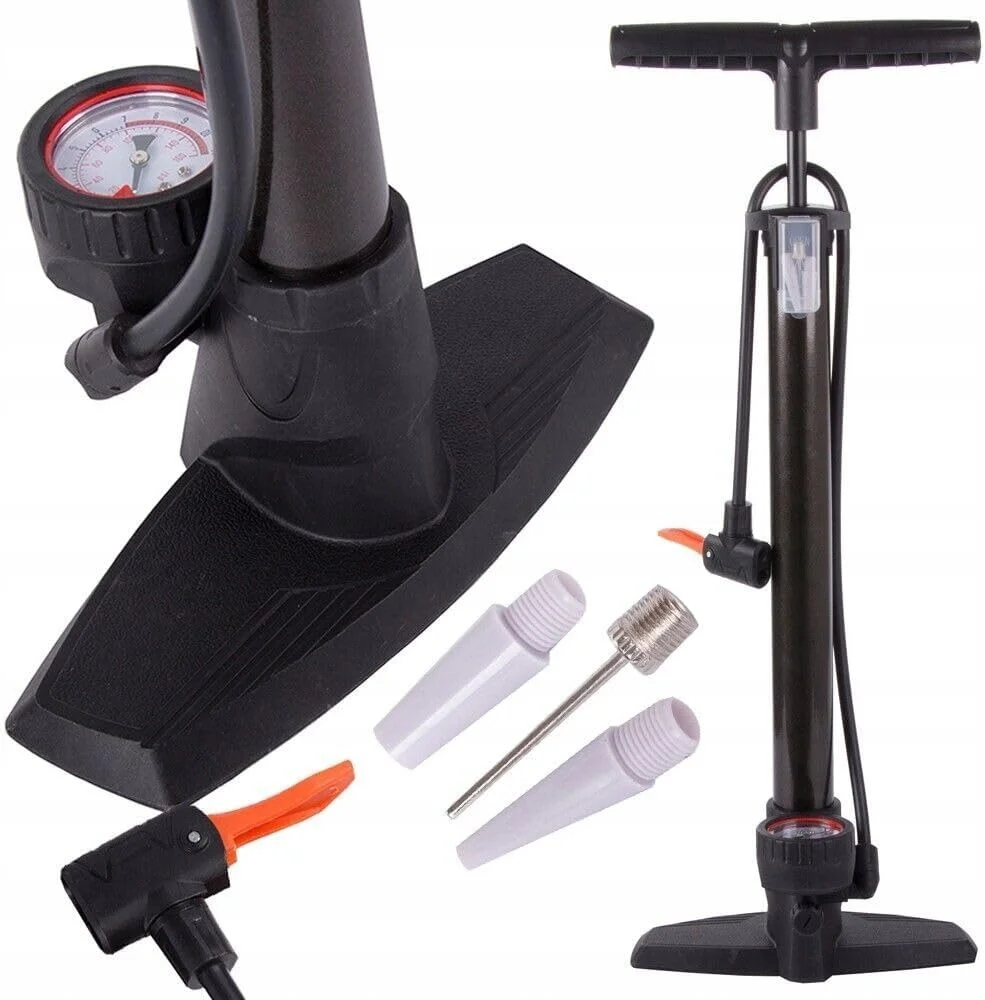 پمپ عمودی مشکی دستی با پایه ثابت و فشارسنج 160 PSI و دو آداپتور مخروطی برای لاستیک، دوچرخه و موتورسیکلت