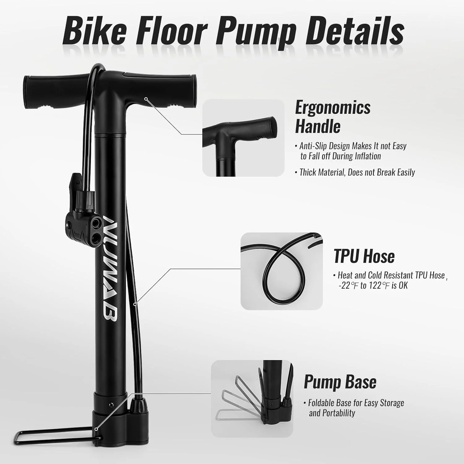 تلمبه پایی دوچرخه NUWAB، تلمبه پایی دوچرخه سواری با والف های پرستا و شرادر، تلمبه دوچرخه چند منظوره قابل حمل، تلمبه پایی دوچرخه مناسب برای همه دوچرخه ها و توپ ها، حلقه های شنا، اسباب بازی های بادی