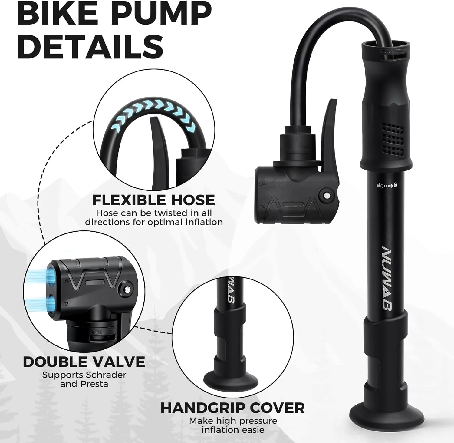 تلمبه مینی دوچرخه NUWAB، تلمبه دستی قابل حمل 10 اینچی، 100PSI، پشتیبانی از شرادر و پرستا، تلمبه سریع توپ، کار با تمام دوچرخه ها و توپ ها، حلقه شنا، همراه با سوزن های توپ، نازل ها