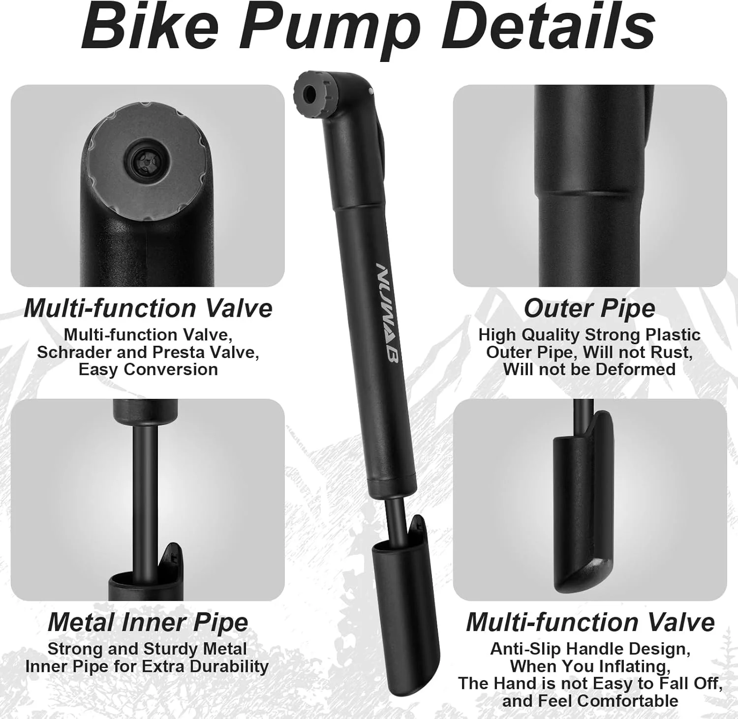 تلمبه مینی دوچرخه NUWAB، تلمبه دستی دوچرخه 24 سانتی‌متری، تلمبه سریع بادکنک، تلمبه چند منظوره قابل حمل، مناسب برای همه دوچرخه‌ها و توپ‌ها، حلقه های شنا، همراه با سوزن توپ، نازل و مبدل