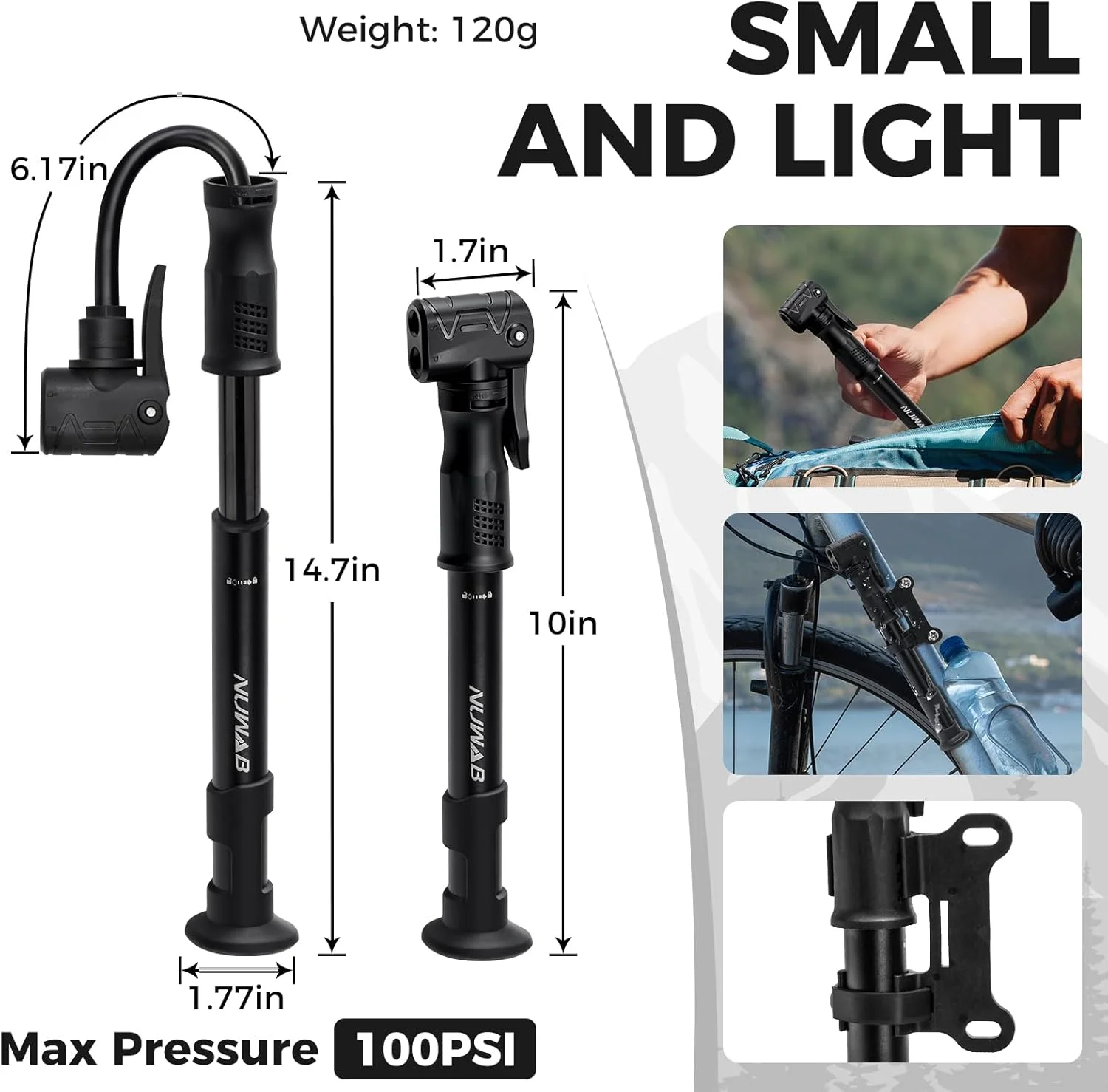 تلمبه مینی دوچرخه NUWAB، تلمبه دستی قابل حمل 10 اینچی، 100PSI، پشتیبانی از شرادر و پرستا، تلمبه سریع توپ، کار با تمام دوچرخه ها و توپ ها، حلقه شنا، همراه با سوزن های توپ، نازل ها