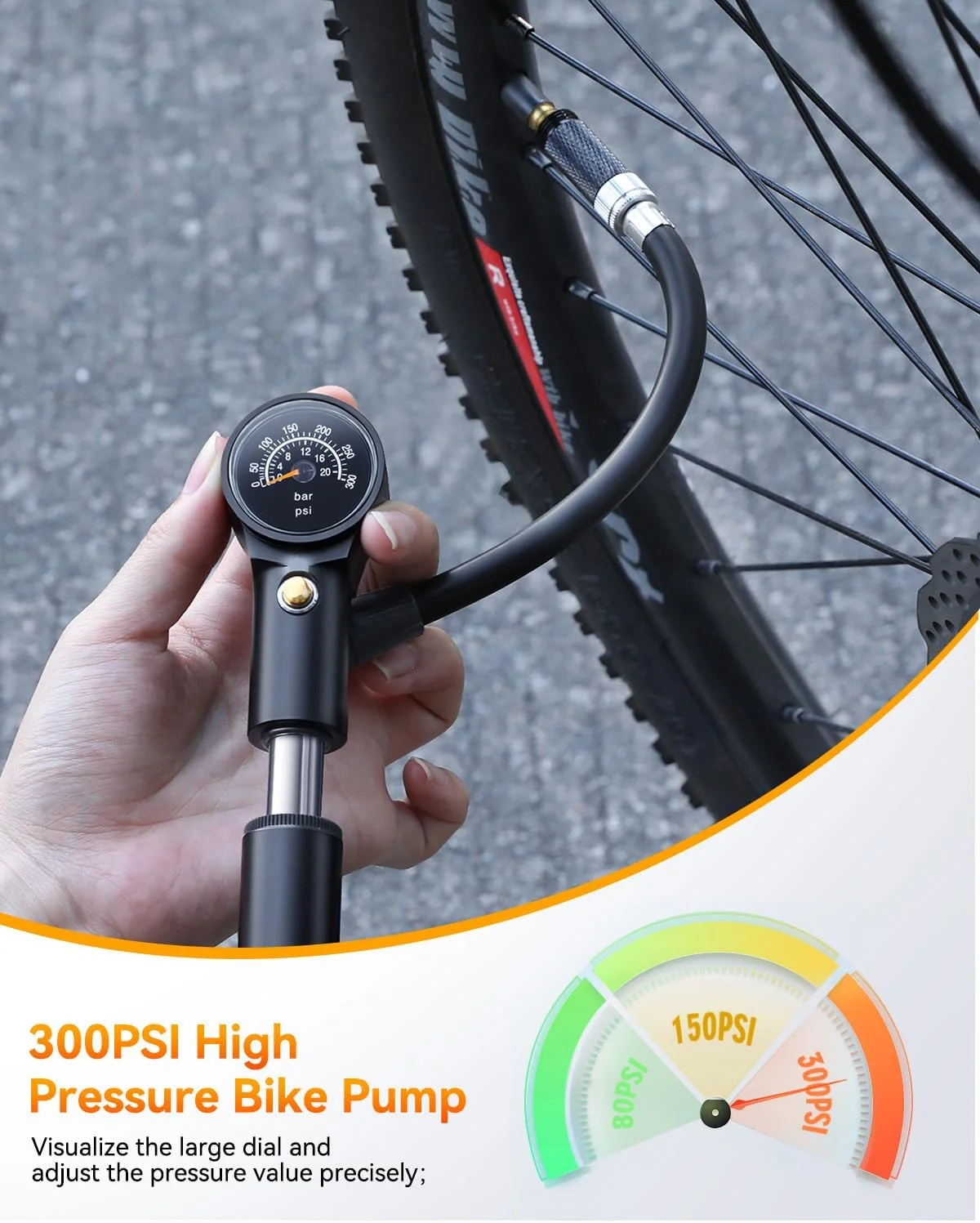 تلمبه مینی دوچرخه Onvian با درجه، تلمبه دوچرخه 300 PSI برای والف پرستا و شرادر، تلمبه شوک دوچرخه قابل حمل برای دوشاخ جلو و سیستم تعلیق عقب - تلمبه دستی با دکمه تخلیه هوا و پمپاژ دو طرفه