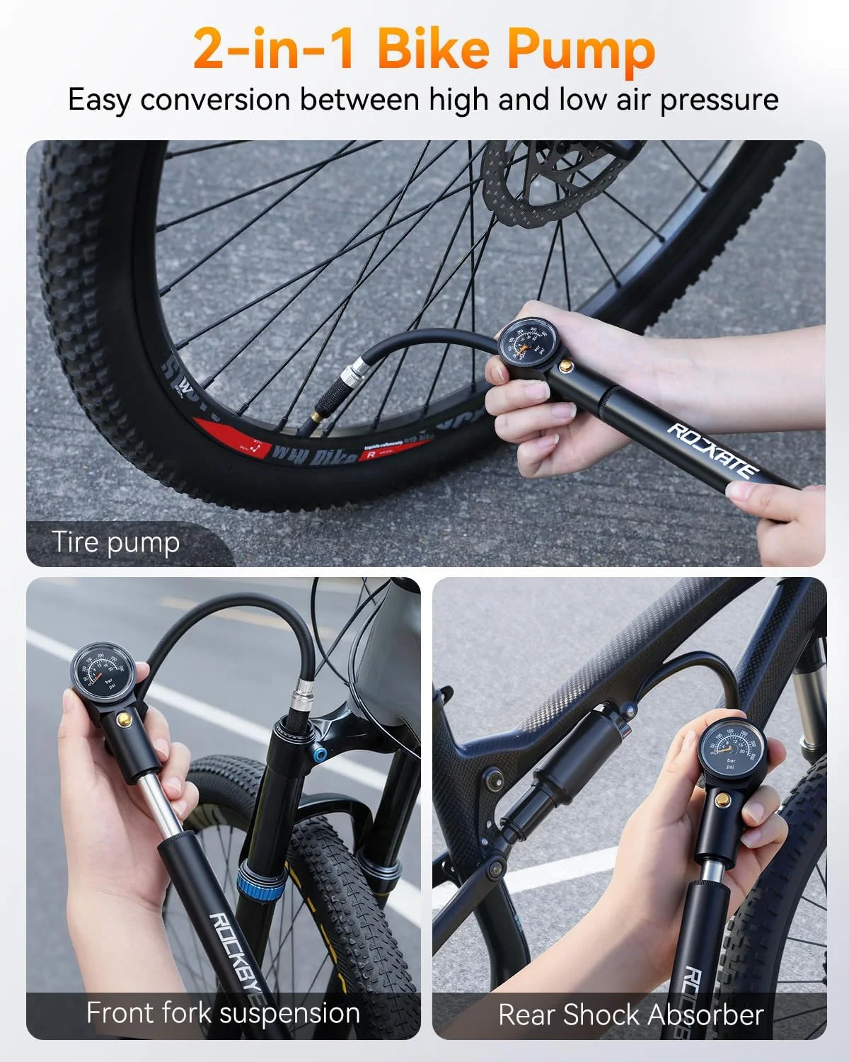 تلمبه مینی دوچرخه Onvian با درجه، تلمبه دوچرخه 300 PSI برای والف پرستا و شرادر، تلمبه شوک دوچرخه قابل حمل برای دوشاخ جلو و سیستم تعلیق عقب - تلمبه دستی با دکمه تخلیه هوا و پمپاژ دو طرفه