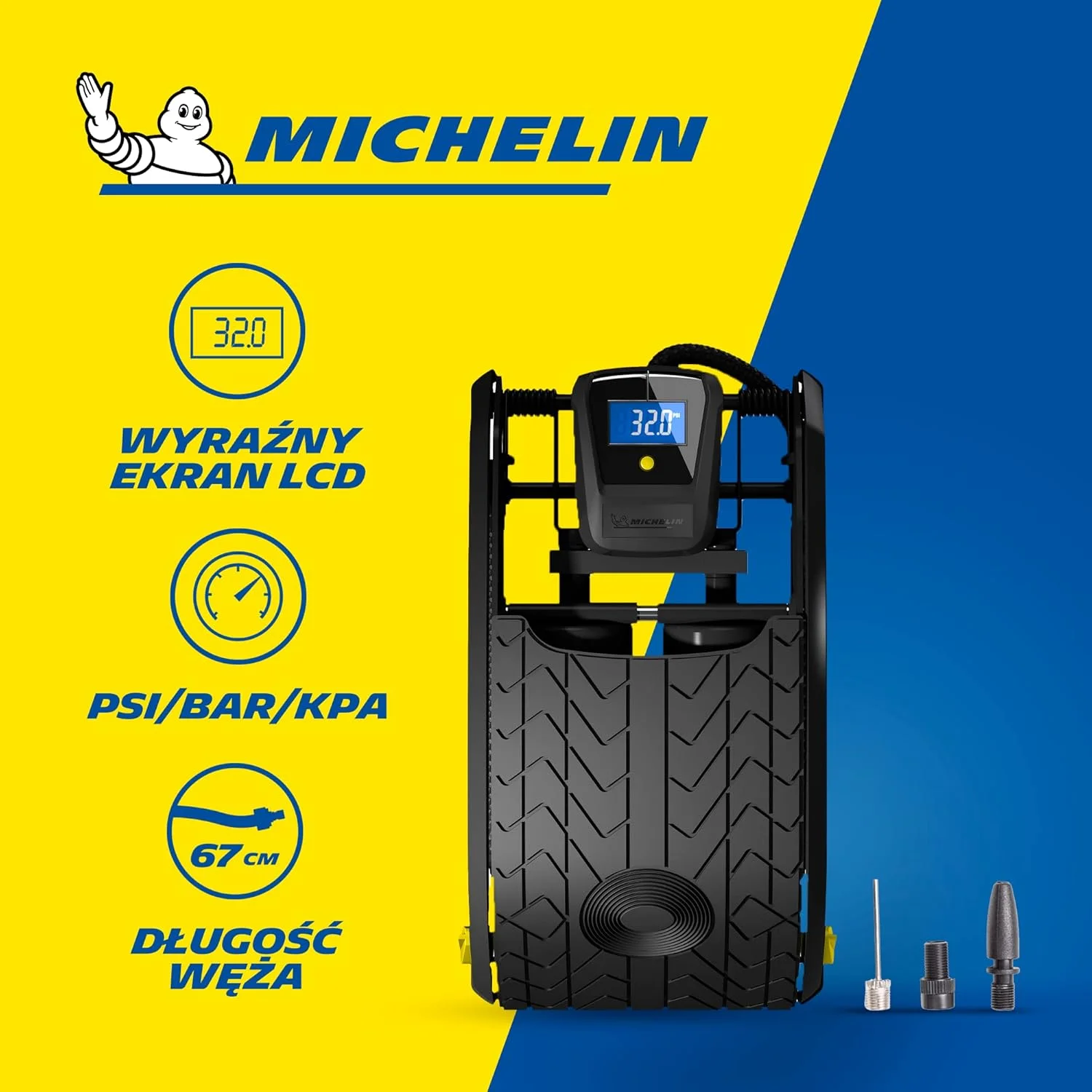 پمپ پایی دو سیلندر دیجیتال میشلن، فشار قوی، نمایشگر دیجیتال، باد کردن سریع برای خودرو، دوچرخه، بادوام و قابل حمل، مشکی