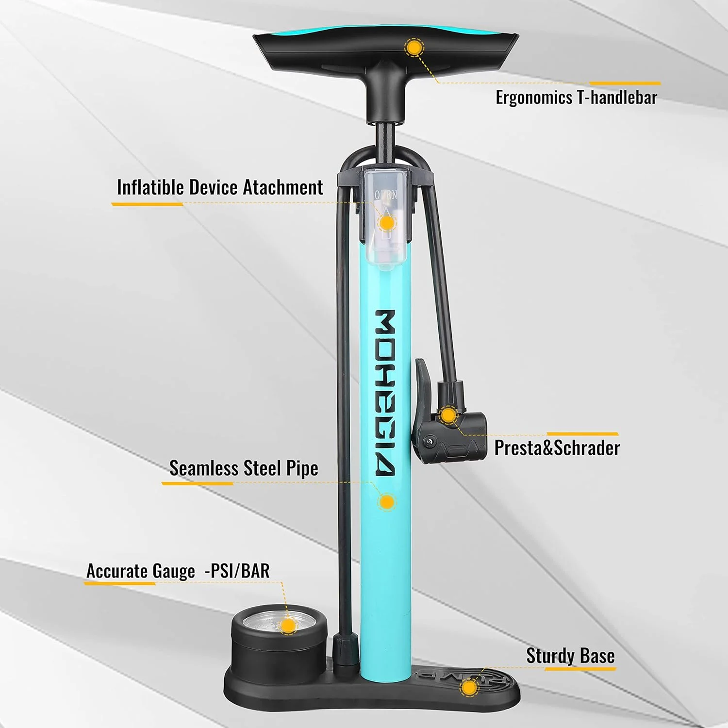 تلمبه دوچرخه MOHEGIA، تلمبه زمینی دوچرخه با درجه فشار، فشار بالا 160 PSI، مناسب برای والف های شرادر و پرستا، برای لاستیک، توپ، بادکنک، وسایل بادی