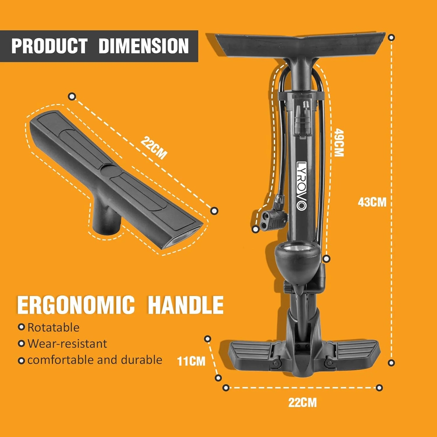 تلمبه دستی دوچرخه زمینی قابل حمل لایروو با فشار 160 PSI - مشکی