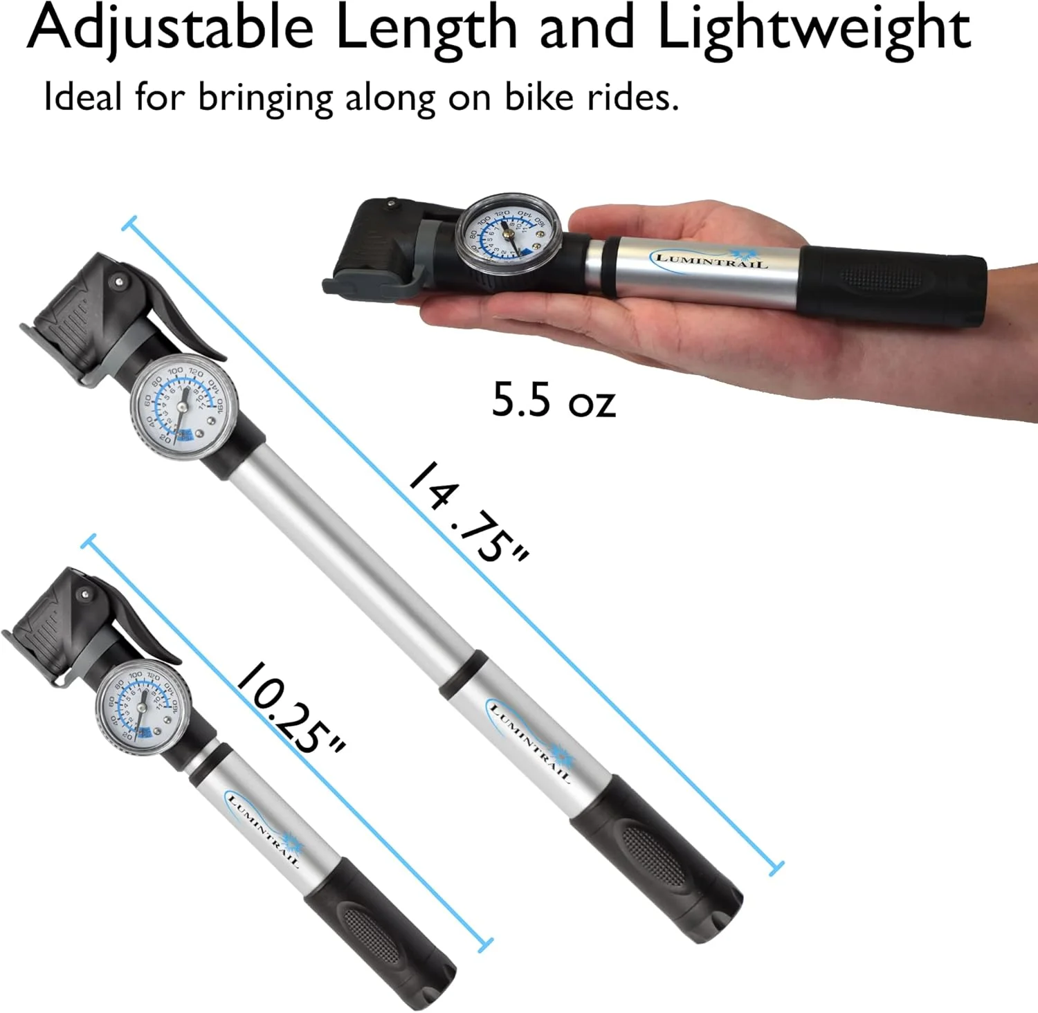 پمپ باد کوچک قابل حمل Lumintrail مناسب برای والف های پرستا و شرادر - پمپ باد تایر دوچرخه با قابلیت نصب روی بدنه