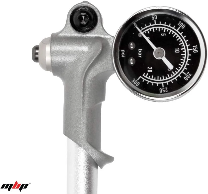 تلمبه فشار قوی دوچرخه MBP (حداکثر 300 PSI) برای دوشاخ جلو و سیستم تعلیق عقب، دارای سر تلمبه مخصوص با قفل اهرمی