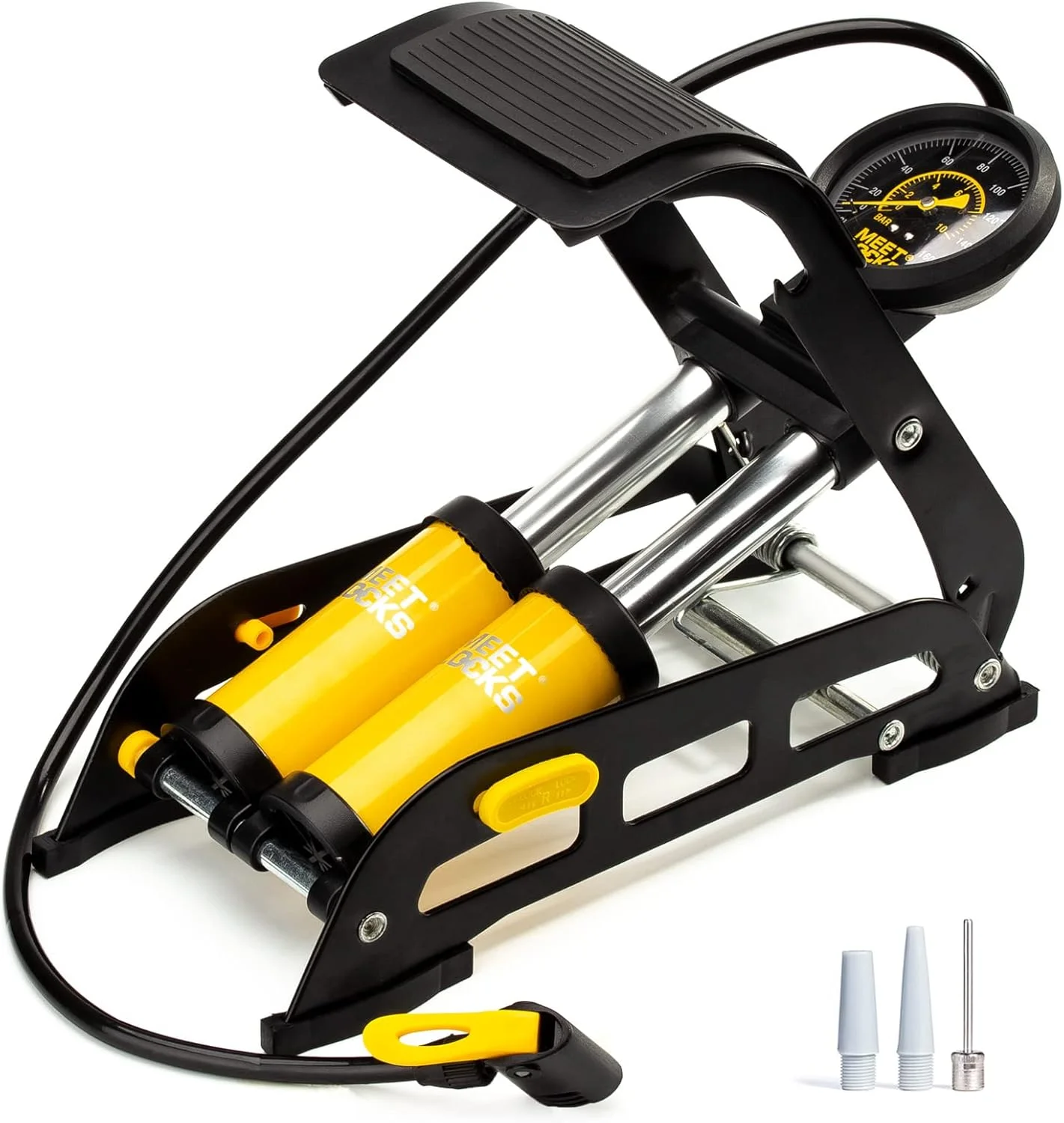 پمپ باد پایی دو سیلندر بشکه ای دوچرخه، پمپ کف آلومینیومی 160PSI با گیج فشار دقیق و سر والف هوشمند برای والف های پرستا، شرادر و آلمان
