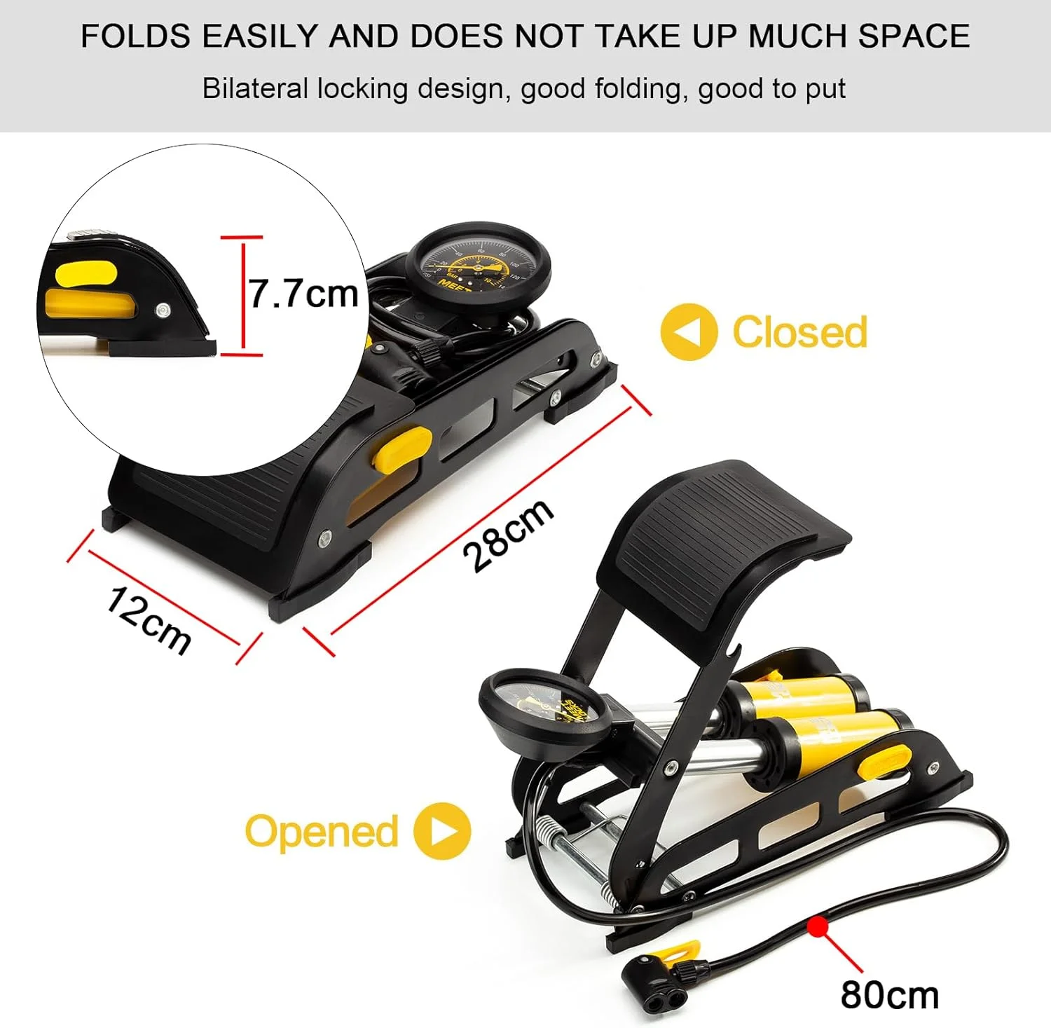 پمپ باد پایی دو سیلندر بشکه ای دوچرخه، پمپ کف آلومینیومی 160PSI با گیج فشار دقیق و سر والف هوشمند برای والف های پرستا، شرادر و آلمان