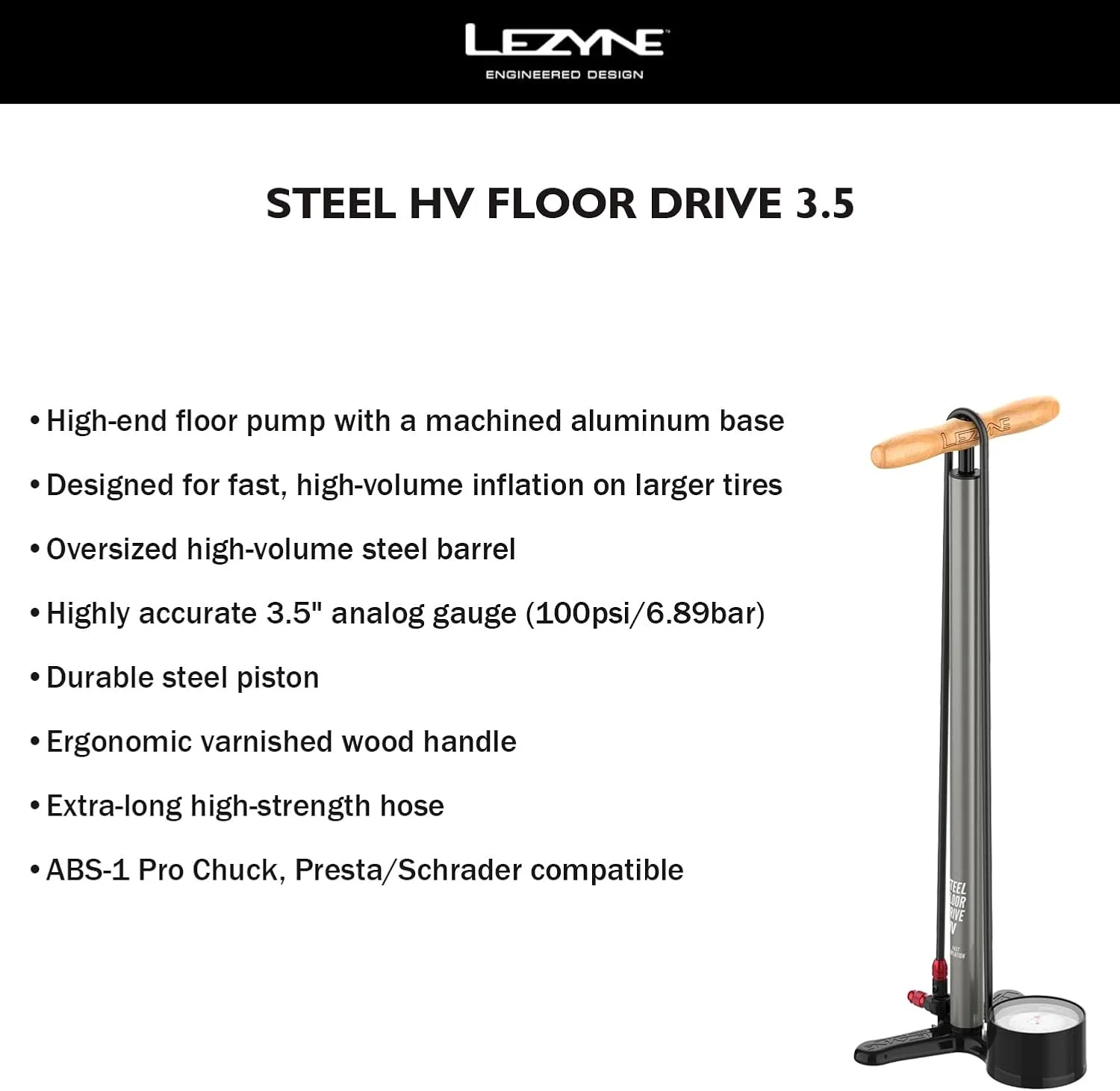 تلمبه زمینی دوچرخه حجم بالای LEZYNE Steel HV Floor Drive 3.5 با گیج آنالوگ دقیق 3.5 اینچی - تلمبه باد لاستیک 100 PSI بادوام برای دوچرخه های کوهستانی/شن