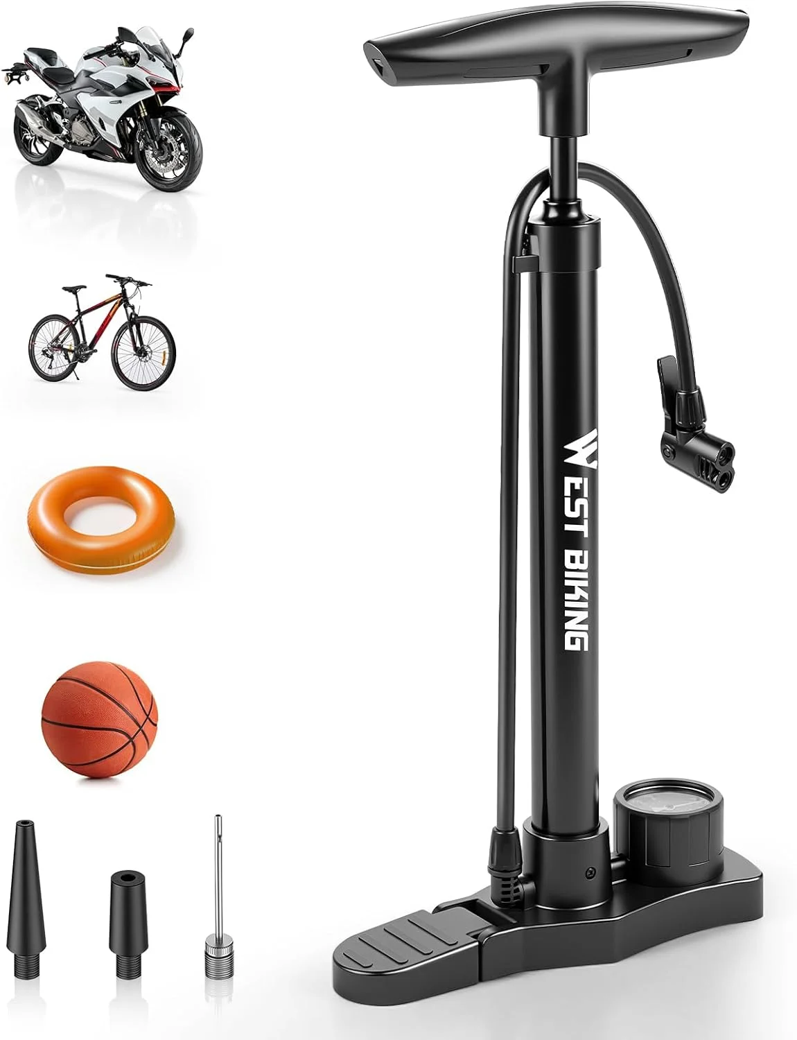 پمپ باد دوچرخه LINGHUANG مناسب برای تمام والف ها، پمپ باد دوچرخه با فشارسنج 11 بار / 160 PSI، پمپ باد دوچرخه برای والف های فرانسوی و آداپتور، پمپ باد ایستاده دوچرخه برای موتور سیکلت، دوچرخه برقی و لوازم ورزشی