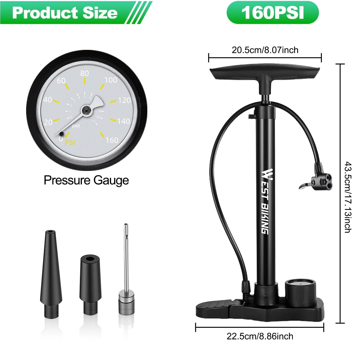 پمپ باد دوچرخه LINGHUANG مناسب برای تمام والف ها، پمپ باد دوچرخه با فشارسنج 11 بار / 160 PSI، پمپ باد دوچرخه برای والف های فرانسوی و آداپتور، پمپ باد ایستاده دوچرخه برای موتور سیکلت، دوچرخه برقی و لوازم ورزشی