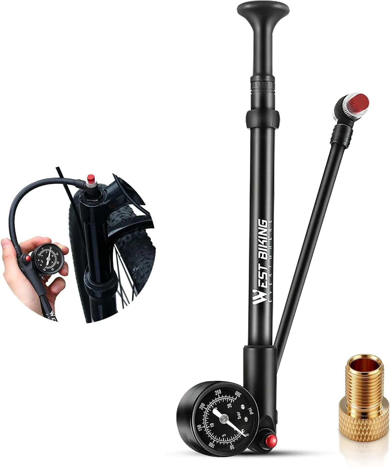 پمپ دمپر فشار قوی LINGHUANG حداکثر 300 PSI، پمپ دوشاخ دوچرخه برای MTB، دوشاخ تعلیق دوچرخه جاده، تعلیق عقب و لاستیک، مینی پمپ قابل حمل با دکمه تخلیه و فشارسنج