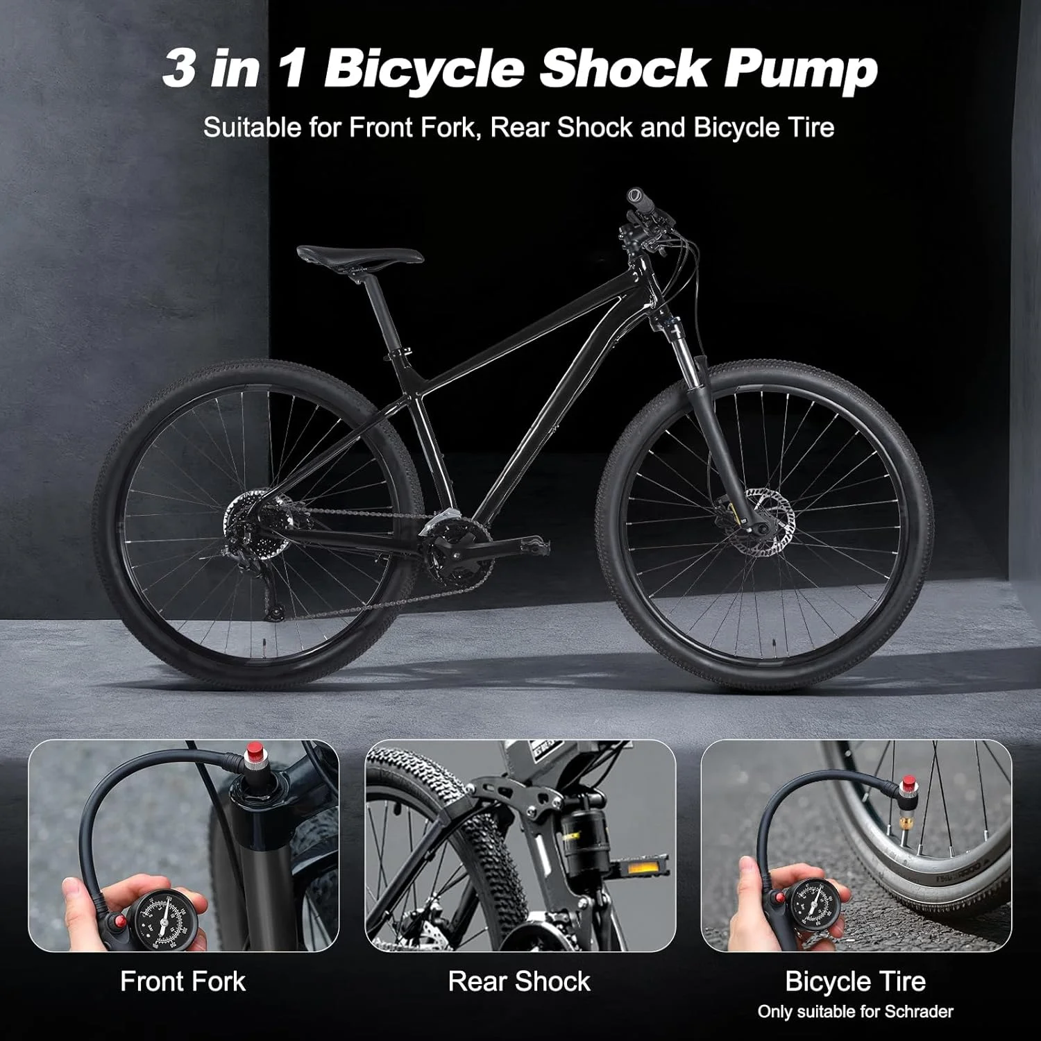 پمپ دمپر فشار قوی LINGHUANG حداکثر 300 PSI، پمپ دوشاخ دوچرخه برای MTB، دوشاخ تعلیق دوچرخه جاده، تعلیق عقب و لاستیک، مینی پمپ قابل حمل با دکمه تخلیه و فشارسنج