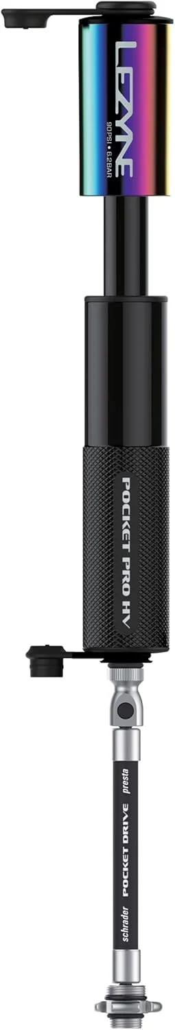 تلمبه دستی کوچک لزین مدل Pocket Drive Pro HV - آلومینیومی، 90psi، پرستا/شردر، به همراه پایه، نئو/مشکی