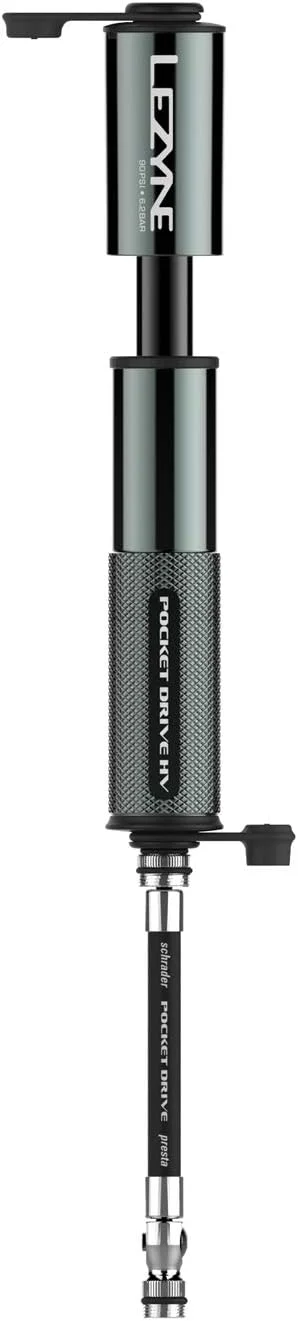 پمپ دستی کوچک دوچرخه LEZYNE Pocket Drive HV، حجم بالا 90psi، سازگار با Presta و Schrader، آلومینیوم CNC، جمع و جور، مناسب برای لاستیک های سایز بزرگ، پمپ قابل حمل دوچرخه