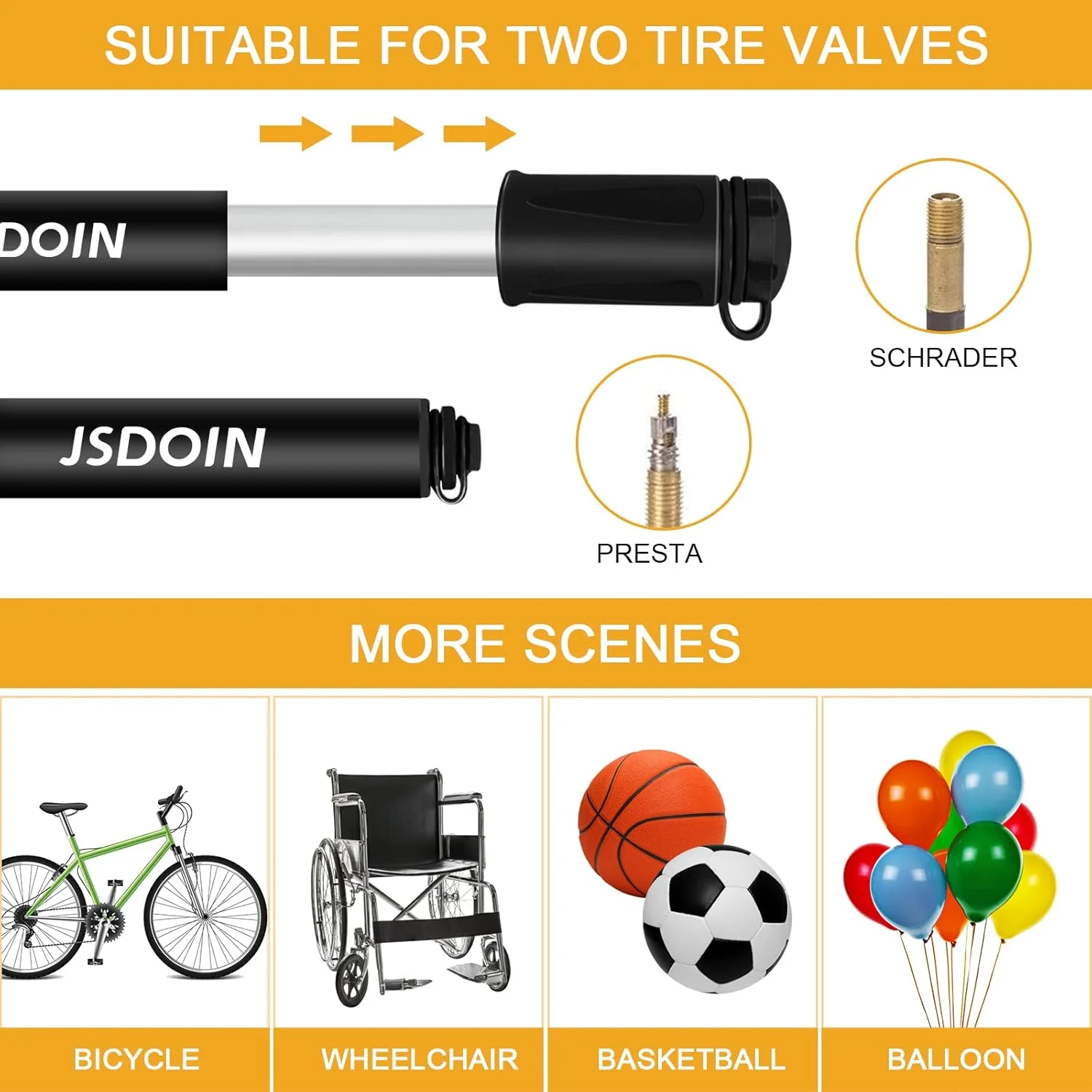 تلمبه دوچرخه قابل حمل Jsdoin، تلمبه لاستیک دوچرخه، تلمبه مینی دوچرخه آلیاژ آلومینیوم، سازگار با والف های پرستا و شرادر، سوزن تلمبه توپ/پایه قاب