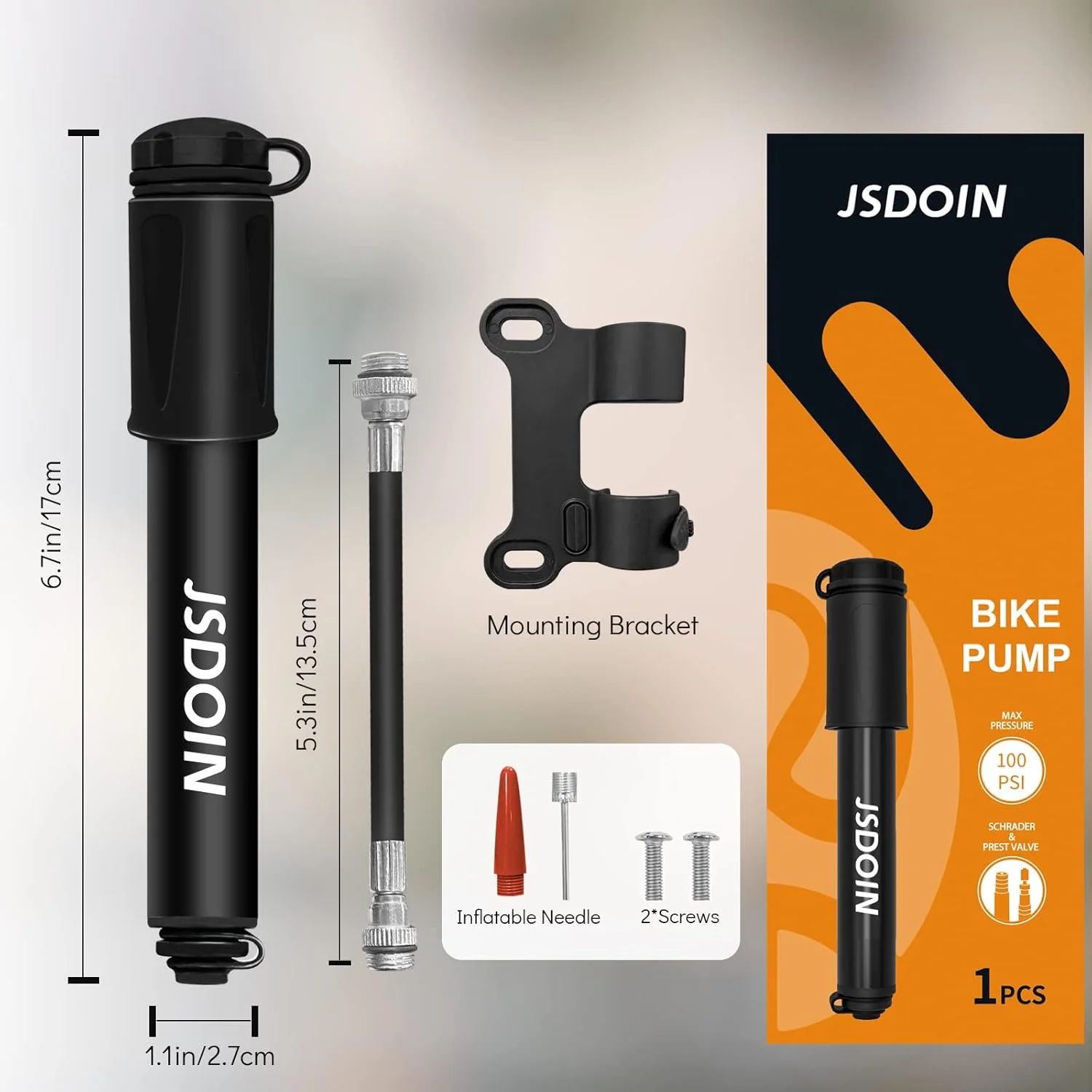 تلمبه دوچرخه قابل حمل Jsdoin، تلمبه لاستیک دوچرخه، تلمبه مینی دوچرخه آلیاژ آلومینیوم، سازگار با والف های پرستا و شرادر، سوزن تلمبه توپ/پایه قاب